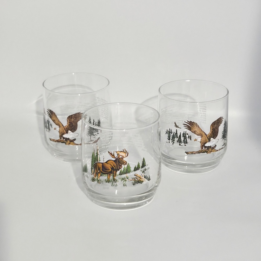 Vintage Style North American Wildlife Rocks Glass Set of 3pc Bald‎ Eagle & Moose